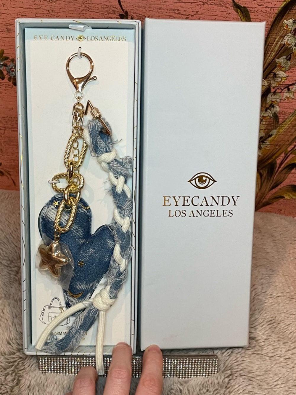 eye candy Blue Denim Heart Braided Keychain with Gold Accents